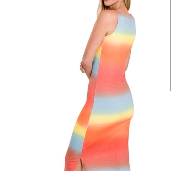 PRINT SCOOP NECK SLEEVELESS MIDI DRESS SIDE SLITS - Picture 2 of 3